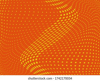 Orange Wavy dotted lines background. Pattern of dots, dotted lines, circles of different scale. Digital Gradient. Pop-art style. Grunge Backdrop. Modern futuristic Abstract panel. Vector illustration