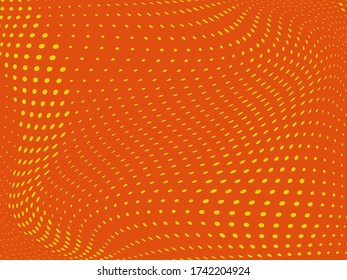 Orange Wavy dotted lines background. Pattern of dots, dotted lines, circles of different scale. Digital Gradient. Pop-art style. Grunge Backdrop. Modern futuristic Abstract panel. Vector illustration