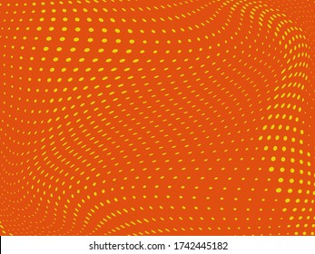 Orange Wavy dotted lines background. Pattern of dots, dotted lines, circles of different scale. Digital Gradient. Pop-art style. Grunge Backdrop. Modern futuristic Abstract panel. Vector illustration