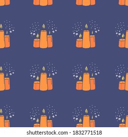 Orange wax candle seamless pattern. Burning wax light vector illustration. Hand drawn glim wallpaper. Meditation and relaxation concept. EPS 8