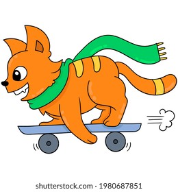 an orange weasel is playing a surfing skateboard, vector illustration art. doodle icon image kawaii.