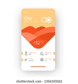 Plantilla de diseño vectorial de la interfaz de smartphone de la aplicación de clima naranja. Diseño de página móvil. Aplicación hidrometrología. Pantallas de interfaz de usuario, UX, GUI. Tema del smartphone con clima de temperatura
