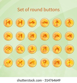 Orange web or game icons on round buttons. Glossy and shiny interface elements for your design.