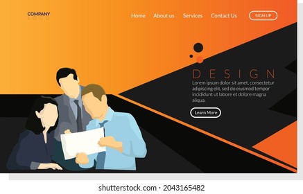 orange website home page with worker illustration. fit to use for web home page.