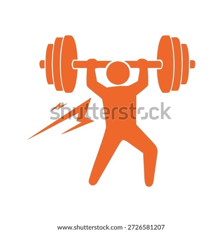  Orange weightlifter icon lifting heavy barbell overhead for gym and fitness concept
