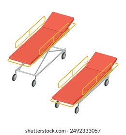 Orange wheeled medical stretcher isometric standing and folded realistic vector illustration. Hospital bed cart medicine equipment for patient recovery aid ambulance transportation emergency furniture