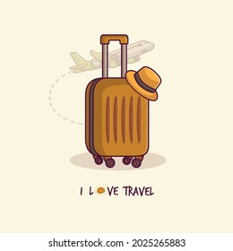 Orange wheeled suitcase with hat. Suitcase with traveler accessories flat cartoon
