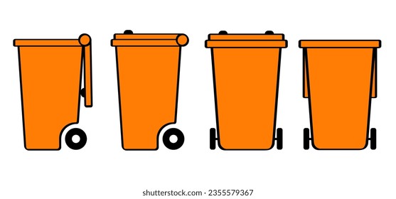 Orange wheelie bin. Garbage bag, container. Waste bin or litterbin. Recyclable materials include food tins, plastic bottles, glass bottles, and jars, packaging.
Plastic waste