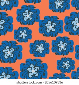 Orange with whimsical blue abstract flowers with light blue centres and long stamens seamless pattern background design.