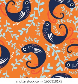 Orange with whimsical dark blue bird like creatures and long branches seamless pattern background design.