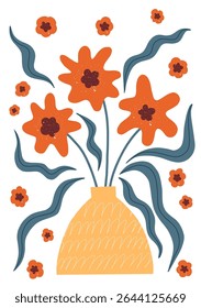 orange whimsical floral bouquet in vase with hand drawn elements and blue leaves for kids room, wall art and printable nursery decor