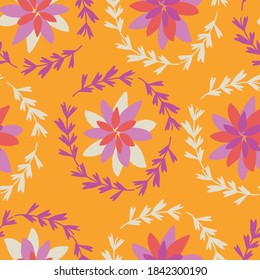Orange with whimsical white, pink and violet flower elements seamless pattern background design.