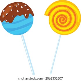 Orange whirlpool lollipop and Jawbreaker lollipop vector art and illustration
