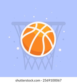 Orange and white basketball entering hoop on light blue background. Vector flat illustration.