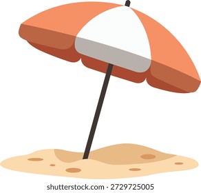 Ilustración vectorial de paraguas de playa naranja y blanco. Concepto de vacaciones de verano con sombrilla en la arena. Icono de Festiva tropical de diseño plano.