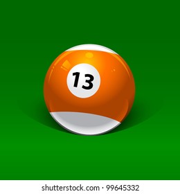 orange and white billiard ball number thirteen on a green background