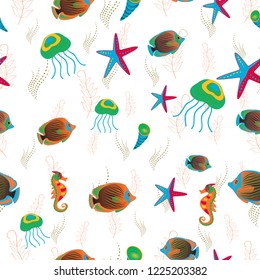 Orange, white and blue fish vector seamless pattern.