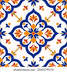 Patrón sin costuras de Vector de lujo naranja, blanco y azul. Ornamento, tradicional, étnico, árabe, turco, motivos indios. Ideal para tela y textiles, Fondo de pantalla, diseño de embalaje o cualquier idea deseada.
