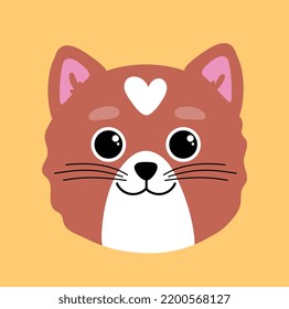 Orange and white breed cat. Animal head with heart. Poster or banner for website. Logotype for veterinary clinic, fluffy pet, mammal. Social network sticker. Cartoon flat vector illustration