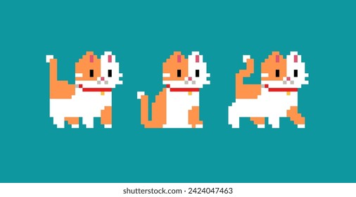 Orange and White Cat or Kitten in pixel art - isolated vector. Cute kawaii style pixel cats in retro 8-bit game style. Cute pixel spots kitten for prints, icons, puzzle and mosaic design