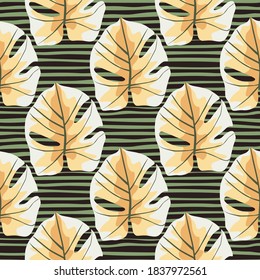 Orange and white colored monstera leafs seamless pattern. Green striped background. Simple nature exotic backdrop. Perfect for fabric design, textile print, wrapping, cover. Vector illustration.