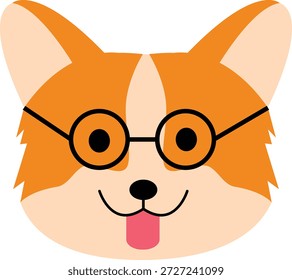 Orange and white corgi face with black glasses vector illustration. Stylized canine icon featuring round spectacles and a flat aesthetic isolated on white background. Charming pet graphic for veterinary branding, animal lover gifts, and vinyl cutting.