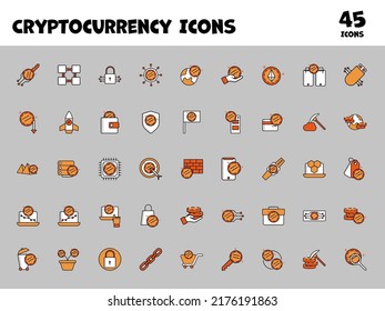 Orange And White Cryptocurrency Flat Icon Set On Grey Background.