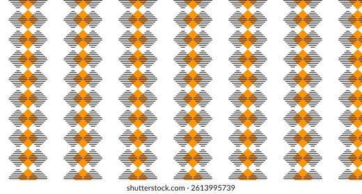Orange and White Diamond Grid,  Vertical Striped Pattern with Black Hatched Texture, Seamless Repeat