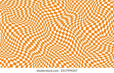 Fondo gráfico geométrico distorsionado naranja y blanco. Tablero de ajedrez superficie deformada con distorsión. Patrón ondulado a cuadros. Diseño Abstractas para el Anuncio. Patrón cuadrado de ajedrez torcido. Ilustración vectorial