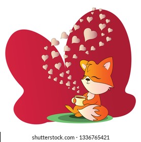 Orange and white fox sitting and drinking a cup of coffee vector illistration in red blob on white background.
