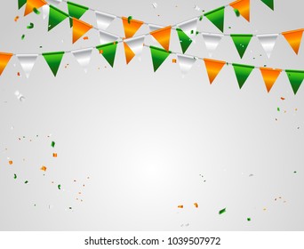 Orange White green flag and confetti concept design India banner for Happy Independence Day background. Celebration Vector illustration.