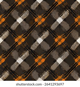Orange, white, and grey plaid design on a dark brown background. grunge lines ikat pattern, Zebra seamless pattern, Vector illustration background for print the paper.