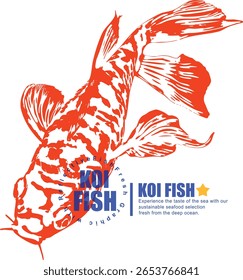 Orange and white koi fish illustration with blue text. Asian carp design for restaurants, seafood concepts, and decorative artwork.