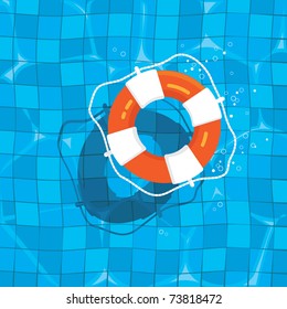 orange and white life saver ring floating on tiled blue pool