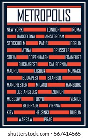 Orange and white metropolis names poster dark blue design