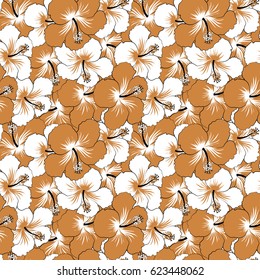 Orange and white ornament of simple hibiscus flowers, vector abstract seamless pattern for design and textile.