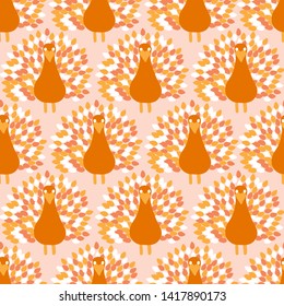 Orange and white peacocks, in a seamless pattern design, that can be used both on the web, or for print, in surface design