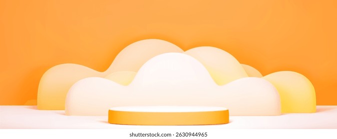 Orange and white podium display - empty round platform on bright background with abstract clouds. Vivid vibrant 3d stage with smoke for summer sale. Minimalist geometric blank pedestal mockup.