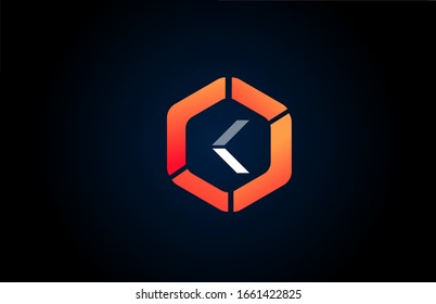 orange white polygon K letter alphabet logo design icon in black and orange for company and business. Suitable for catchy logotype
