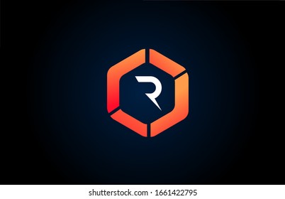 orange white polygon R letter alphabet logo design icon in black and orange for company and business. Suitable for catchy logotype