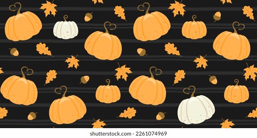 Orange and white pumpkins, acorns, maple and oak leaves on a black striped background. Endless texture with seasonal vegetable. Vector seamless pattern for country fair, farm market or autumn festival