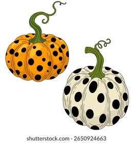 Orange and white pumpkins with green stem and black dots. Cozy autumn element for Fall, Thanksgiving and Halloween designs. Cartoon vector art