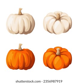 Calabazas naranjas y blancas aisladas en un fondo blanco. Conjunto de ilustraciones vectoriales