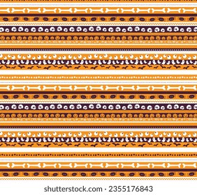 Orange, white and purple seamless pattern, halloween, cute, background, striped pattern, pumpkin, ghost, bat, eye, spider, skull, zombie eyes. Flat sillhouette style. 