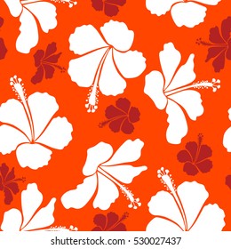 Orange, white and red Hibiscus seamless background. Aloha hawaiian shirt vector seamless pattern.