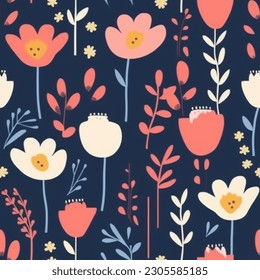 Orange White Red Scandinavian Floral Pattern Navy Blue  Wallpaper Curtain Bedding Background Upholstery Gift Wrapping Paper Vector