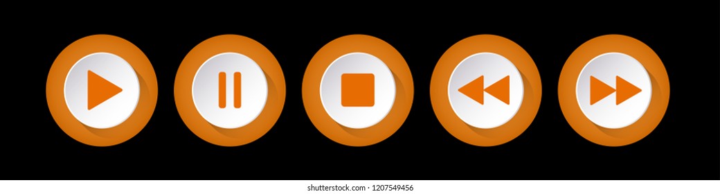 orange, white round music control buttons set - five icons with shadows in front of a black background