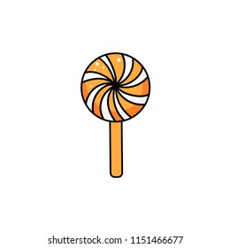 Orange and white round spiral candy isolated on white background. Vector illustration. Lollipop icon.