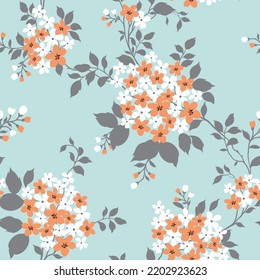 flor vectorial floral sin soldadura naranja y blanca flores pequeñas con un patrón de hojas grises sobre fondo azul