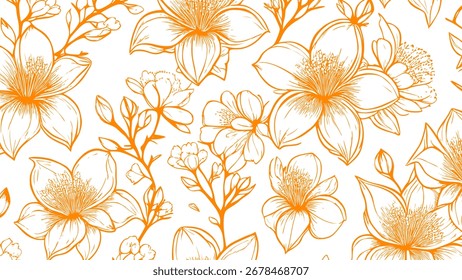 Laranja e branco sem emenda padrões fundo com flores sakura.  Papel de parede tropical botânico com margaridas flor e folhas. 